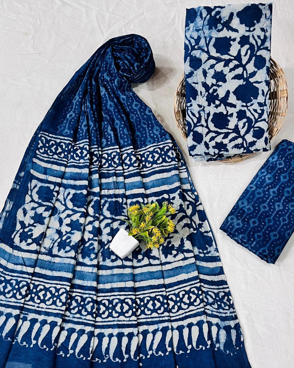 Wholesale Handblock Printed Cotton Mul Dress Material Set with Mul Dupatta – Indigo Jaal Design, Artisan-Crafted in Rajasthan for Designers, Boutiques, and Bulk Orders