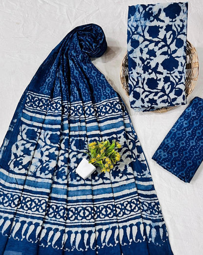 Wholesale Handblock Printed Cotton Mul Dress Material Set with Mul Dupatta – Indigo Jaal Design, Artisan-Crafted in Rajasthan for Designers, Boutiques, and Bulk Orders