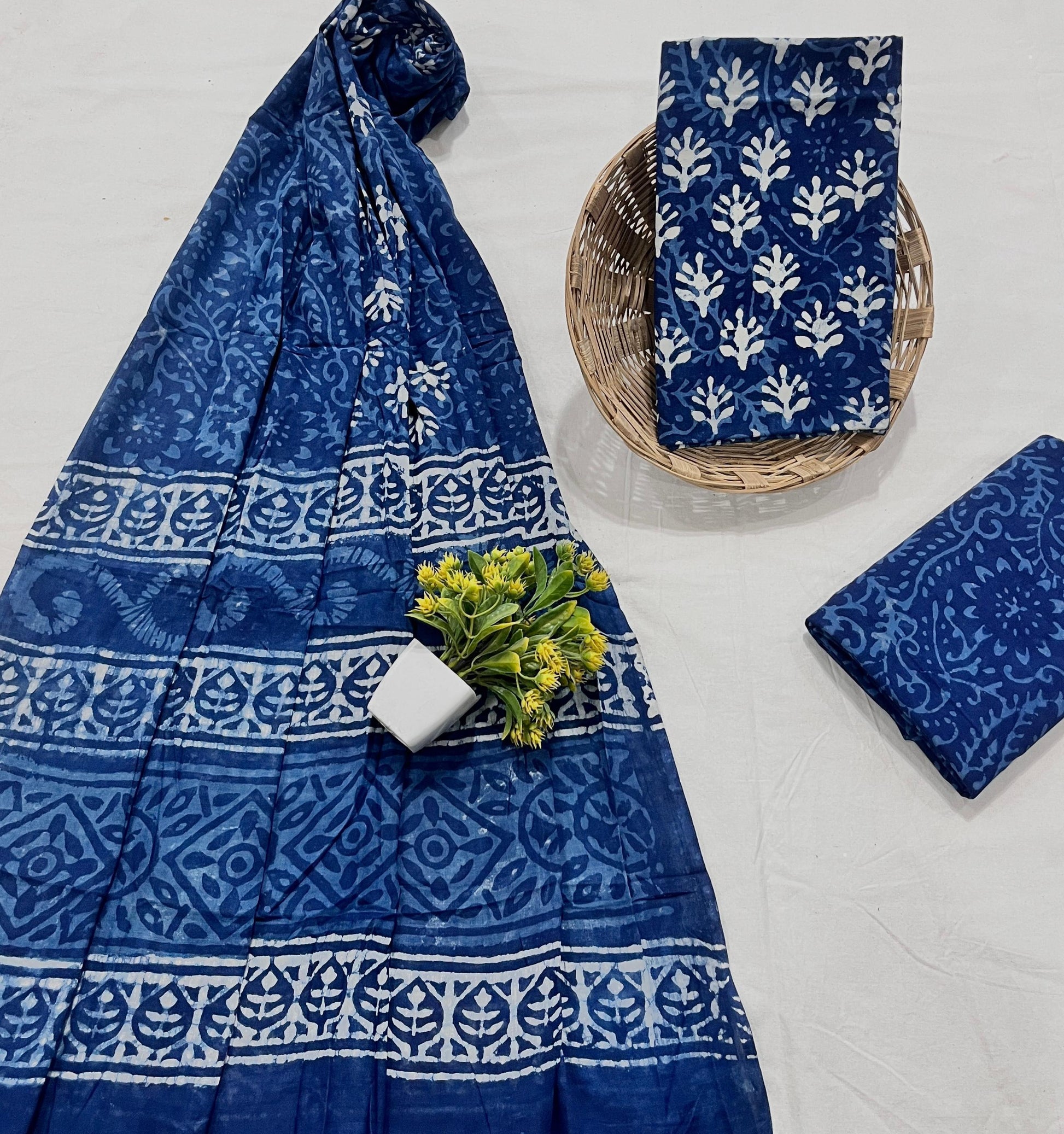 Wholesale Handblock Printed Cotton Mul Dress Material Set with Mul Dupatta – Indigo Color, Artisan-Crafted in Rajasthan for Designers, Boutiques, and Bulk Orders