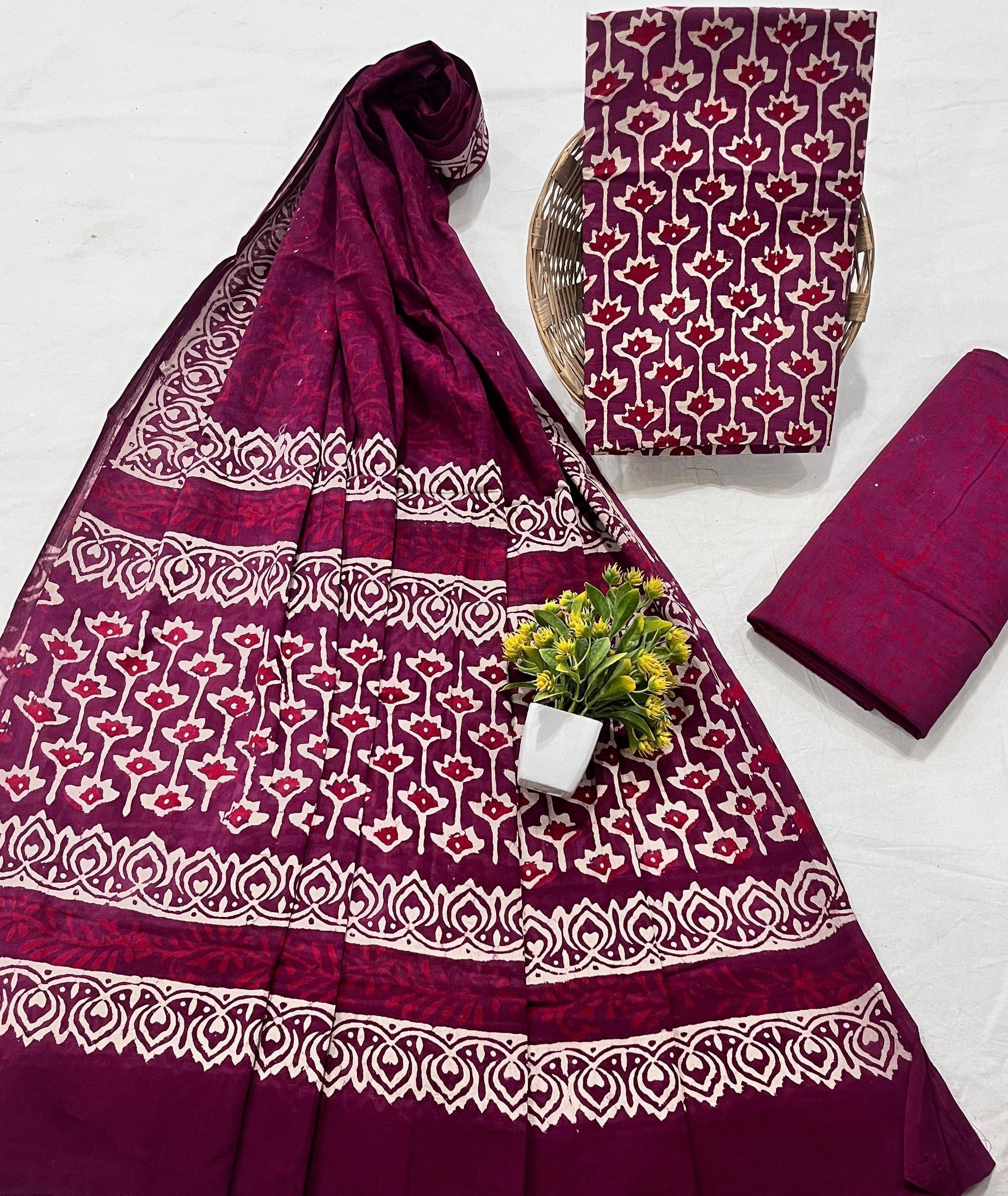 Wholesale Handblock Printed Cotton Mul Dress Material Set with Mul Dupatta – Maroon Color, Artisan-Crafted in Rajasthan for Designers, Boutiques, and Bulk Orders