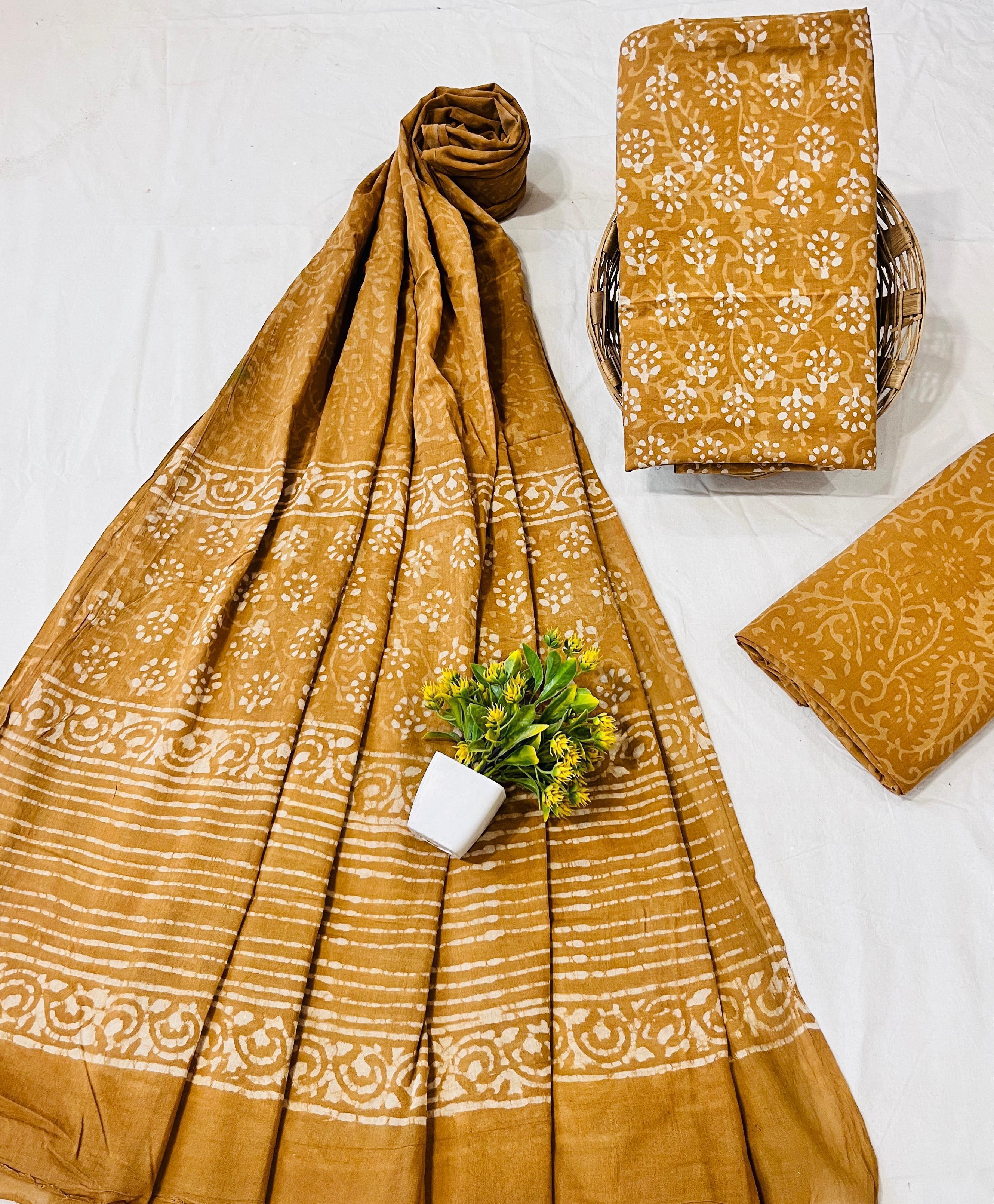 Wholesale Handblock Printed Cotton Mul Dress Material Set with Mul Dupatta – Mustard Color, Artisan-Crafted in Rajasthan for Designers, Boutiques, and Bulk Orders
