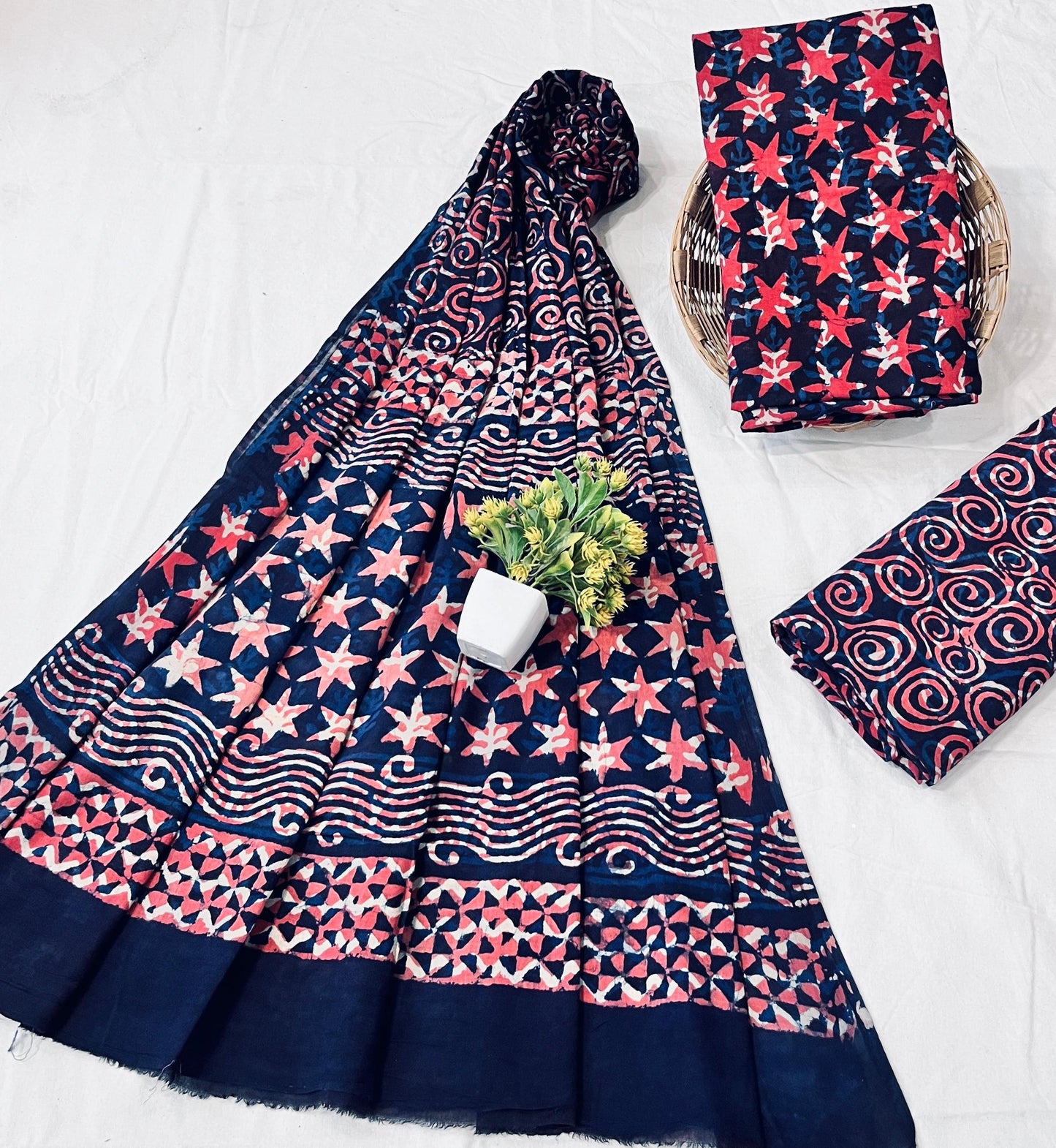 Wholesale Handblock Printed Cotton Mul Dress Material Set with Mul Dupatta – Navy Color, Artisan-Crafted in Rajasthan for Designers, Boutiques, and Bulk Orders