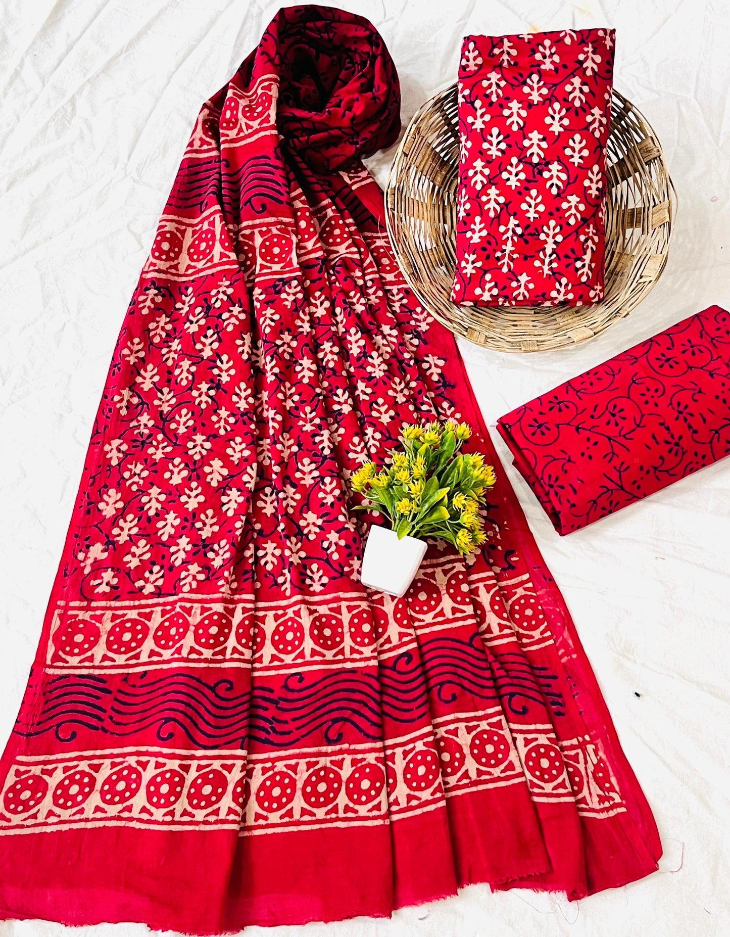 Wholesale Handblock Printed Cotton Mul Dress Material Set with Mul Dupatta – Red Color, Artisan-Crafted in Rajasthan for Designers, Boutiques, and Bulk Orders