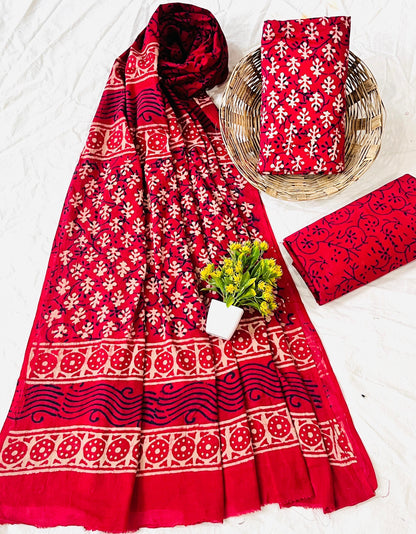 Wholesale Handblock Printed Cotton Mul Dress Material Set with Mul Dupatta – Red Color, Artisan-Crafted in Rajasthan for Designers, Boutiques, and Bulk Orders