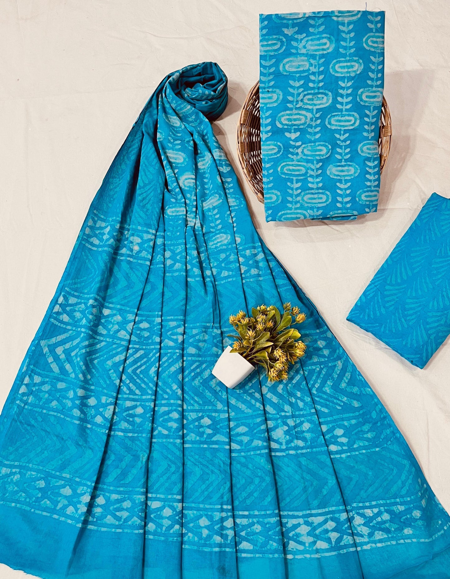 Wholesale Handblock Printed Cotton Mul Dress Material Set with Mul Dupatta – Sky Blue Color, Artisan-Crafted in Rajasthan for Designers, Boutiques, and Bulk Orders