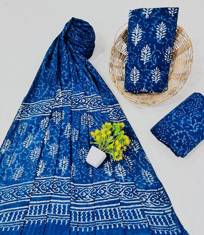 Wholesale Handblock Printed Cotton Mul Mul Dress Material Set with Mul Dupatta – Blue Dabu Design, Handcrafted in Rajasthan for Designers, Boutiques, and Bulk Orders