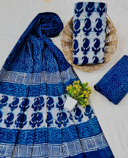 Wholesale Handblock Printed Cotton Mul Mul Dress Material Set with Mul Dupatta – Blue Color, Handcrafted in Rajasthan for Designers, Boutiques, and Bulk Orders