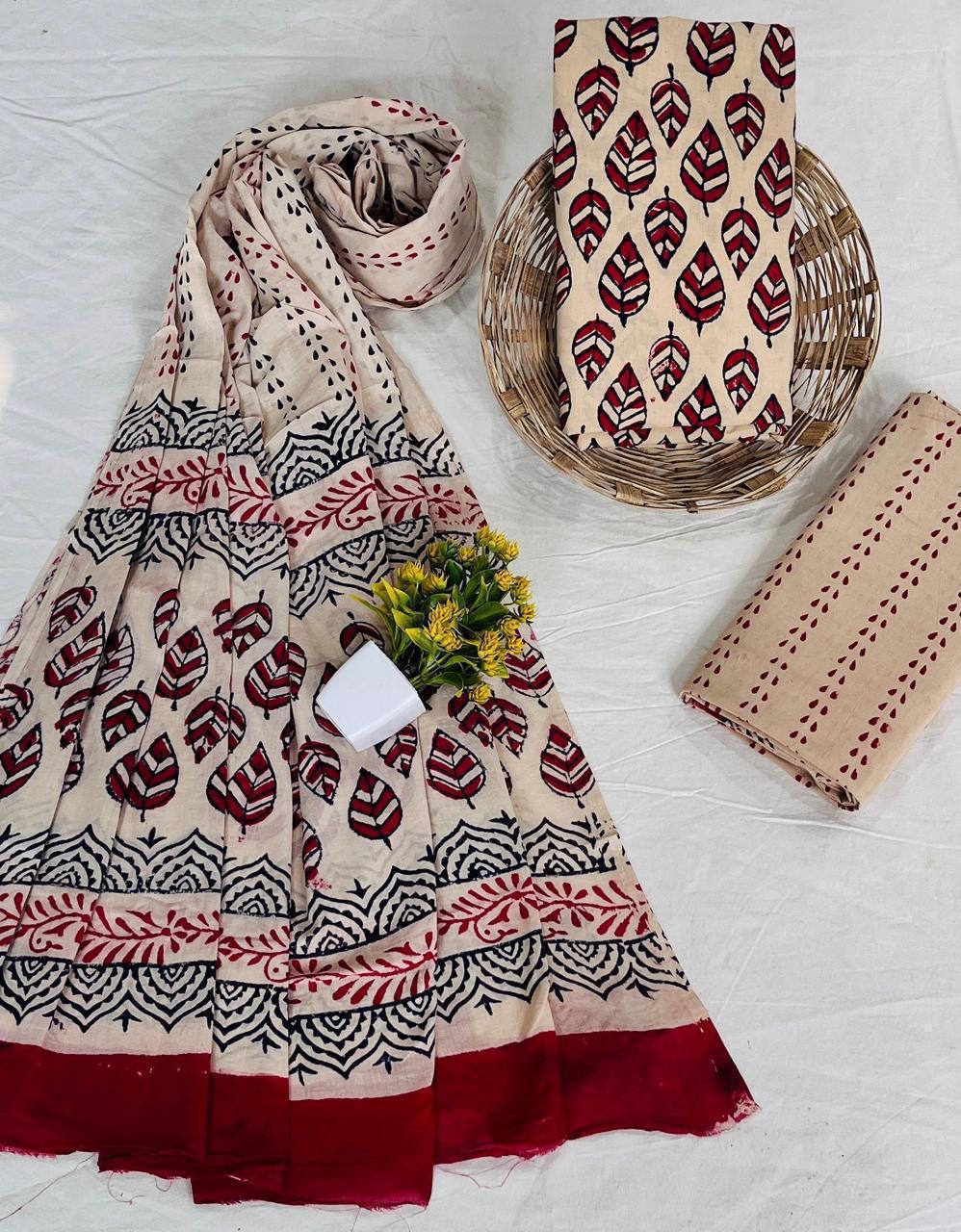 Wholesale Handblock Printed Cotton Mul Mul Dress Material Set with Mul Dupatta – Cream and Red Combination, Artisan-Crafted in Rajasthan for Designers, Boutiques, and Bulk Orders
