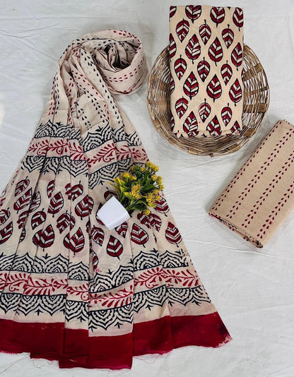 Wholesale Handblock Printed Cotton Mul Mul Dress Material Set with Mul Dupatta – Cream and Red Combination, Artisan-Crafted in Rajasthan for Designers, Boutiques, and Bulk Orders