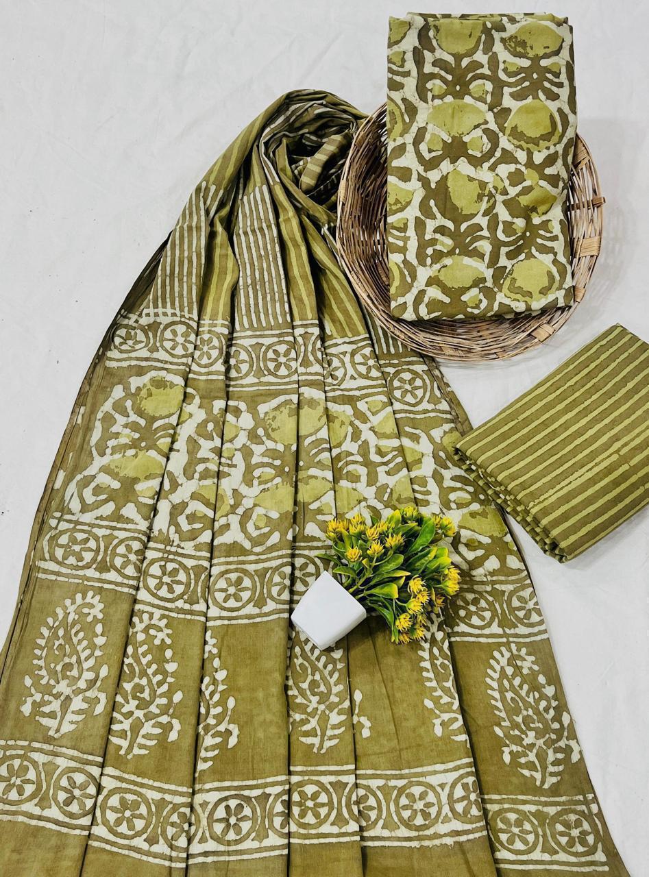 Wholesale Handblock Printed Cotton Mul Mul Dress Material Set with Mul Dupatta – Dusty Green Color, Handcrafted in Rajasthan for Designers, Boutiques, and Bulk Orders
