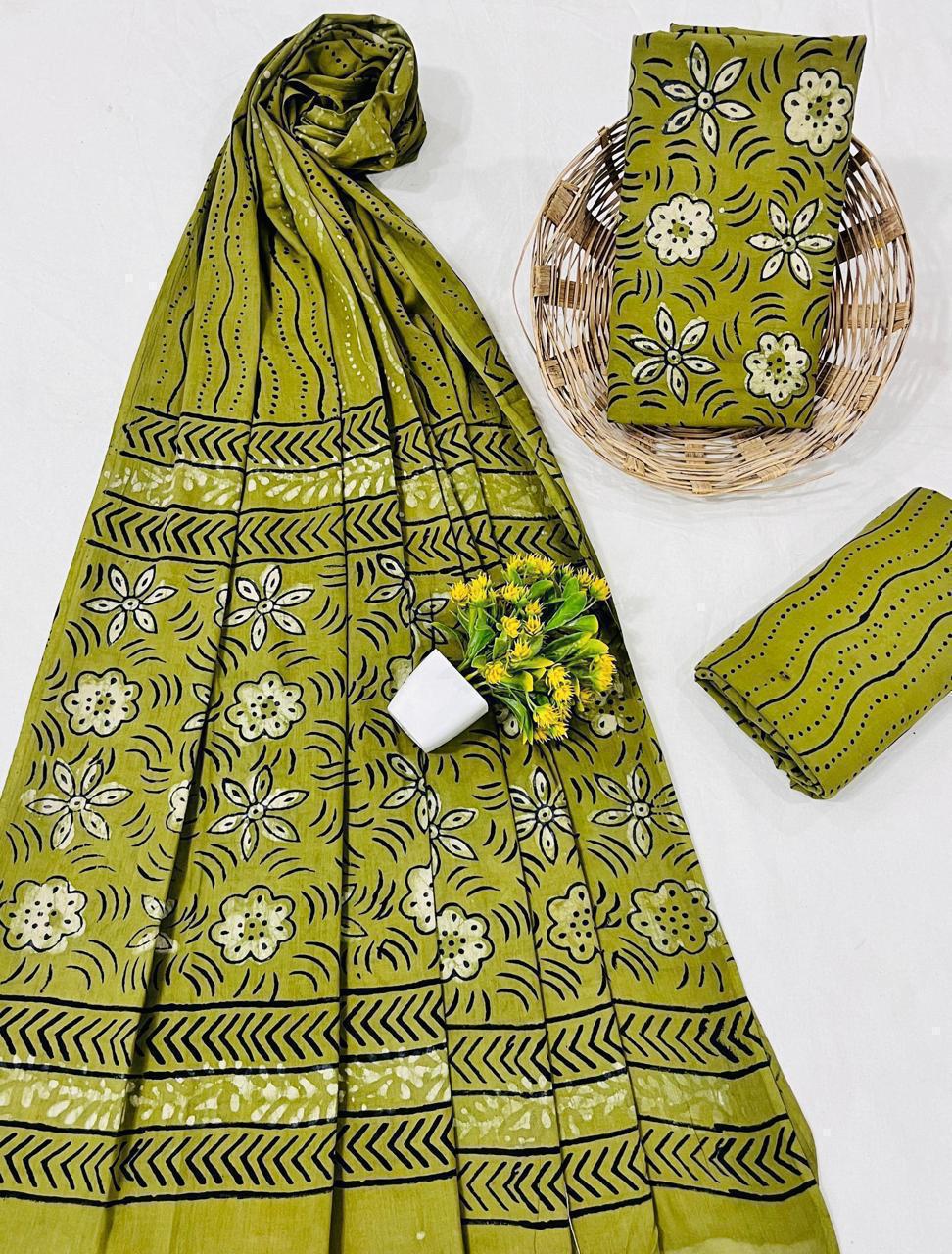 Wholesale Handblock Printed Cotton Mul Mul Dress Material Set with Mul Dupatta – Green Color, Handcrafted in Rajasthan for Designers, Boutiques, and Bulk Orders