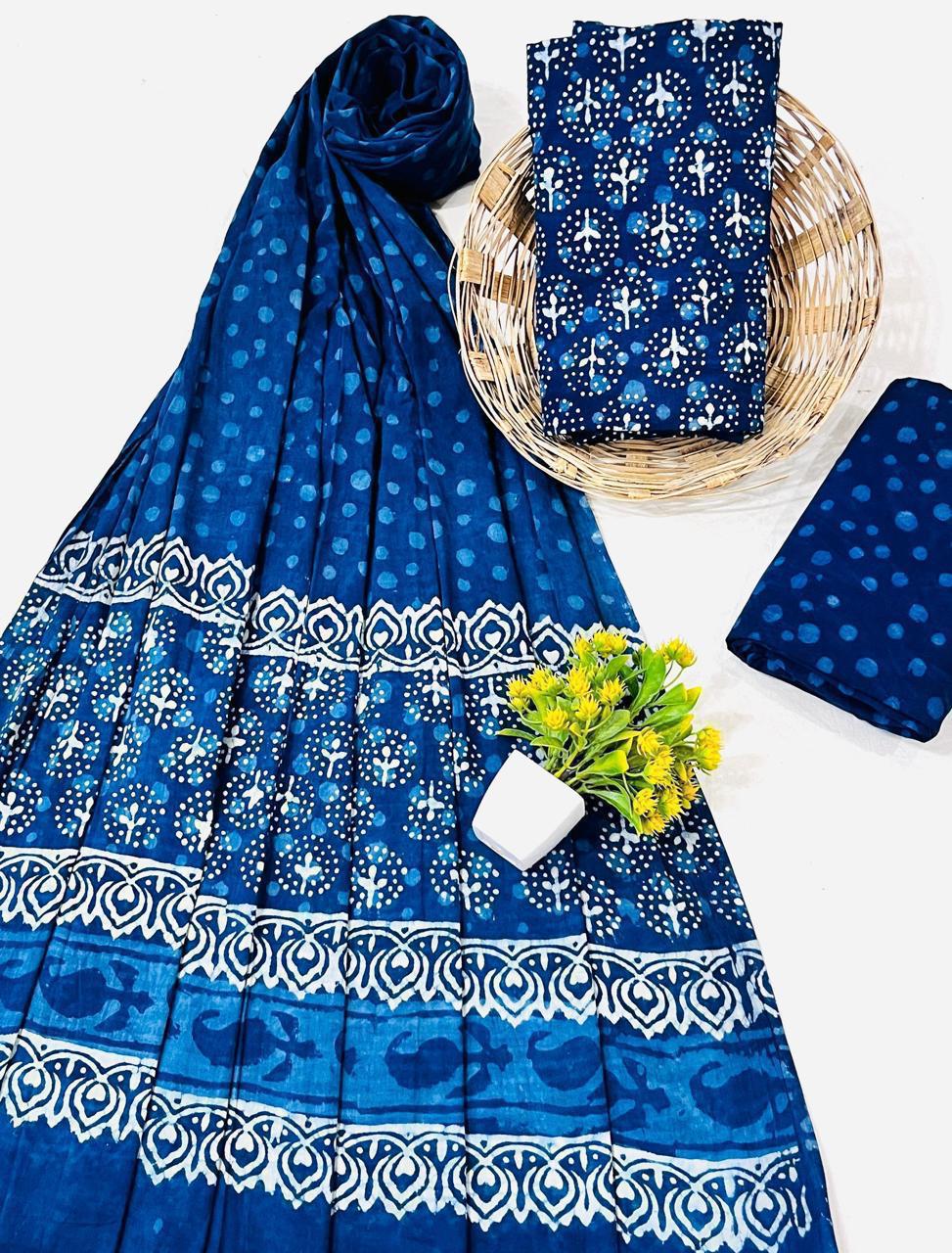 Wholesale Handblock Printed Cotton Mul Mul Dress Material Set with Mul Dupatta – Indigo Dabu Design, Handcrafted in Rajasthan for Designers, Boutiques, and Bulk Orders