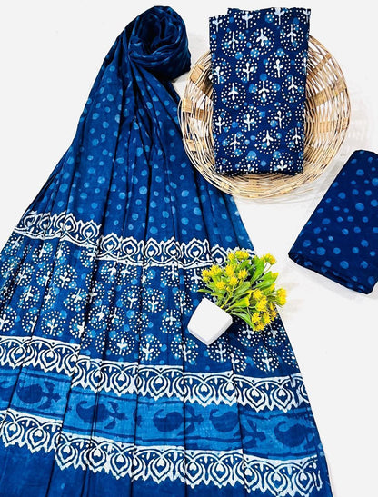 Wholesale Handblock Printed Cotton Mul Mul Dress Material Set with Mul Dupatta – Indigo Dabu Design, Handcrafted in Rajasthan for Designers, Boutiques, and Bulk Orders