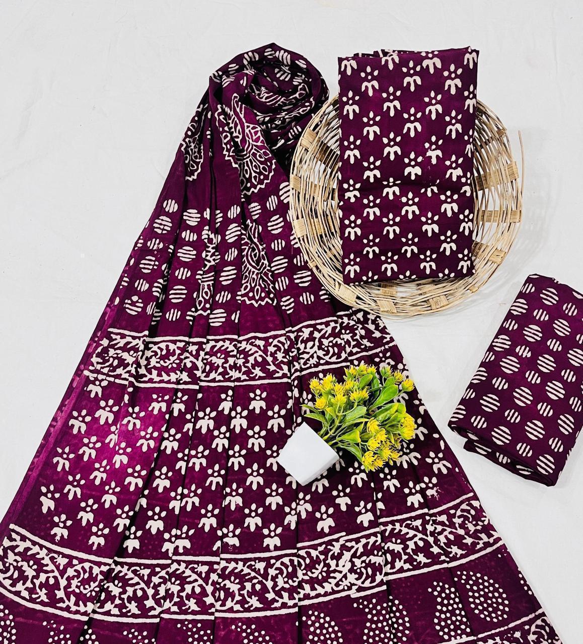 Wholesale Handblock Printed Cotton Mul Mul Dress Material Set with Mul Dupatta – Magenta Color, Handcrafted in Rajasthan for Designers, Boutiques, and Bulk Orders