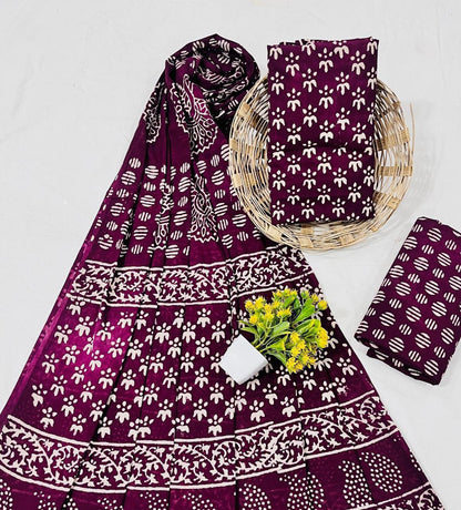 Wholesale Handblock Printed Cotton Mul Mul Dress Material Set with Mul Dupatta – Magenta Color, Handcrafted in Rajasthan for Designers, Boutiques, and Bulk Orders