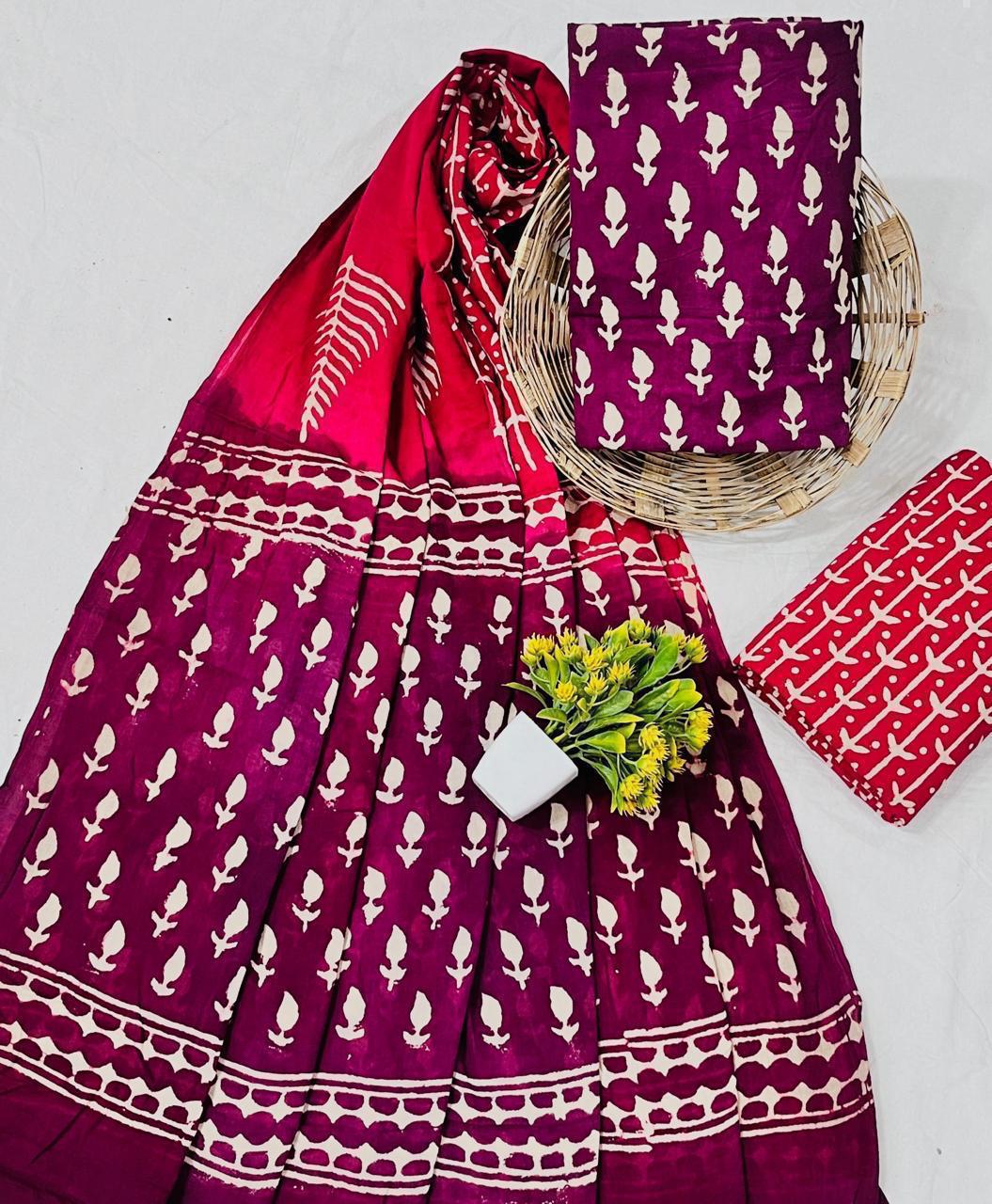 Wholesale Handblock Printed Cotton Mul Mul Dress Material Set with Mul Dupatta – Rani Pink Color, Handcrafted in Rajasthan for Designers, Boutiques, and Bulk Orders