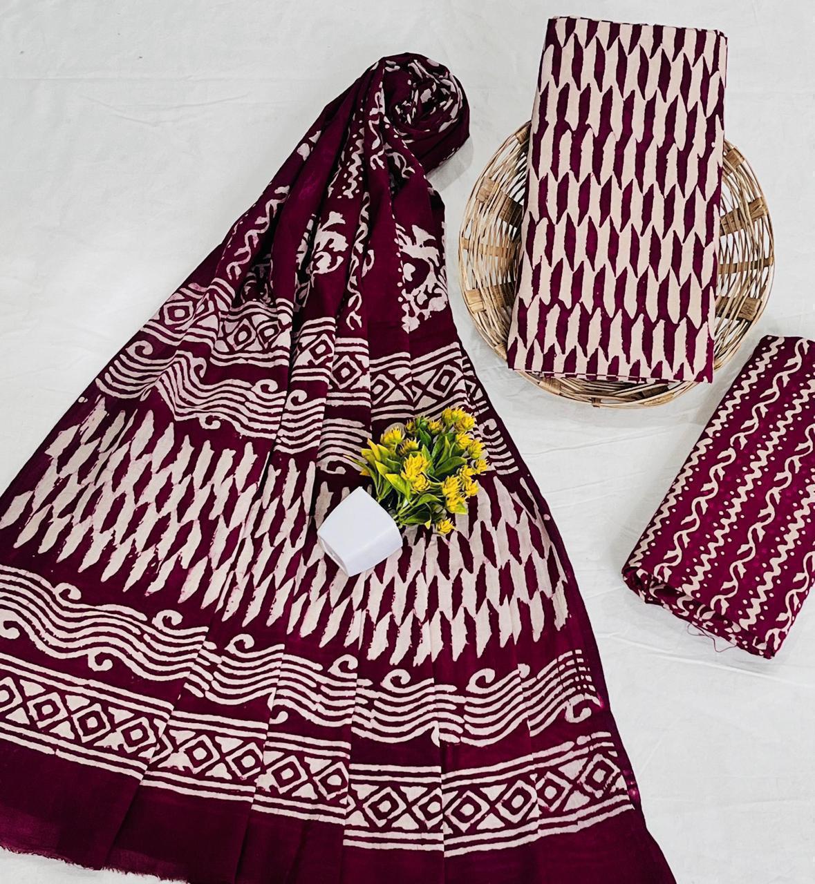 Wholesale Handblock Printed Cotton Mul Mul Dress Material Set with Mul Dupatta – Wine Color, Handcrafted in Rajasthan for Designers, Boutiques, and Bulk Orders