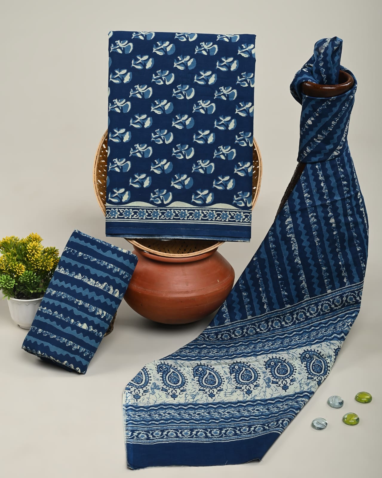 Wholesale Handblock Printed Cotton Mul Mul Suit Set with Mul Dupatta – Indigo Color, Handcrafted in Rajasthan for Designers, Boutiques, and Bulk Orders