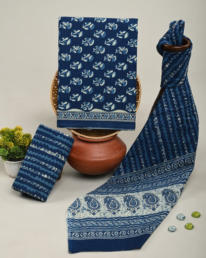 Wholesale Handblock Printed Cotton Mul Mul Suit Set with Mul Dupatta – Indigo Color, Handcrafted in Rajasthan for Designers, Boutiques, and Bulk Orders