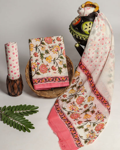 Wholesale Handblock Printed Cotton Mul Mul Suit Set with Mul Dupatta – Offwhite Pink Combination, Handcrafted in Rajasthan for Designers, Boutiques, and Bulk Orders