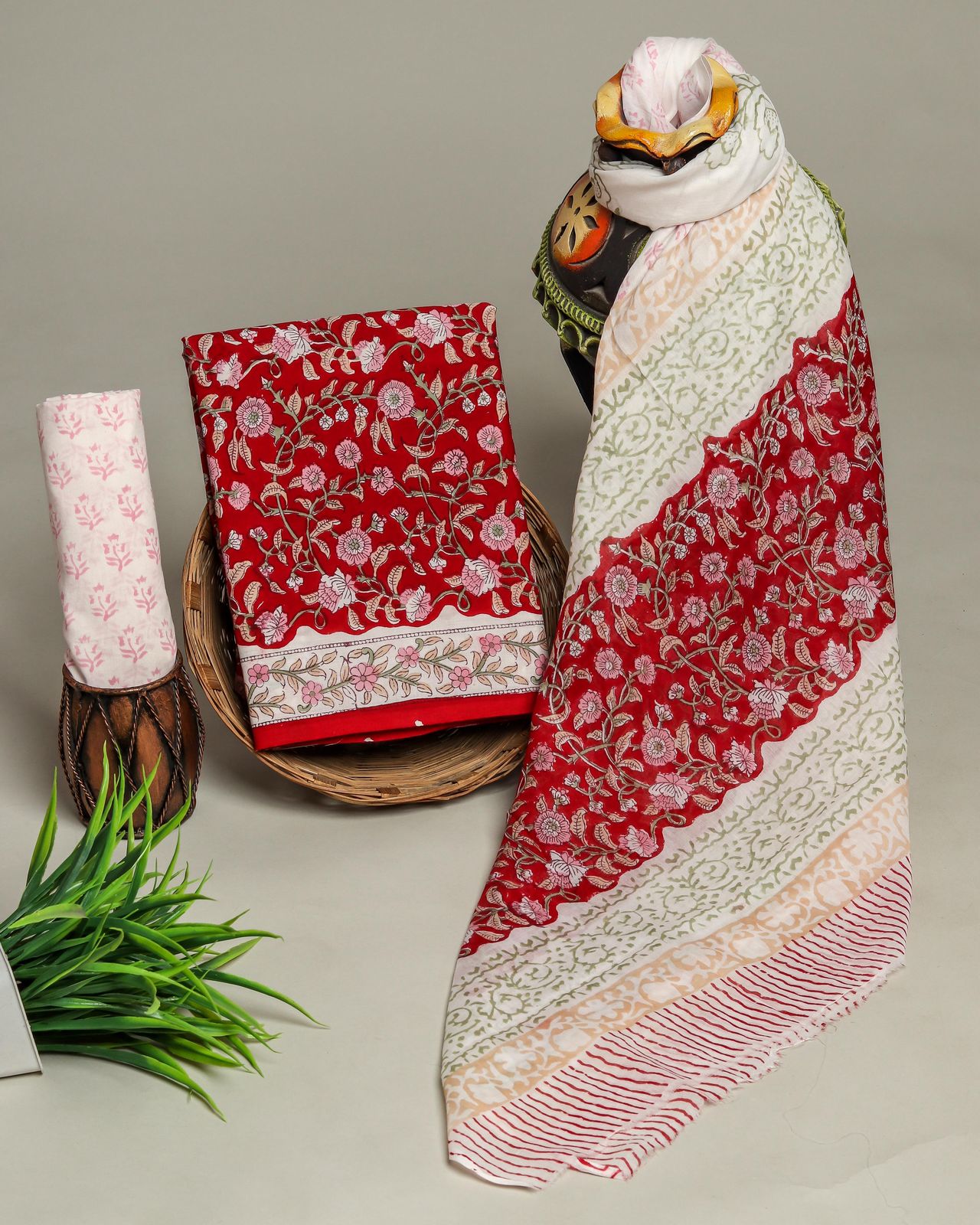 Wholesale Handblock Printed Cotton Mul Mul Suit Set with Mul Dupatta – Red Color, Handcrafted in Rajasthan for Designers, Boutiques, and Bulk Orders