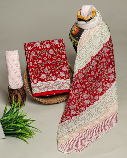 Wholesale Handblock Printed Cotton Mul Mul Suit Set with Mul Dupatta – Red Color, Handcrafted in Rajasthan for Designers, Boutiques, and Bulk Orders