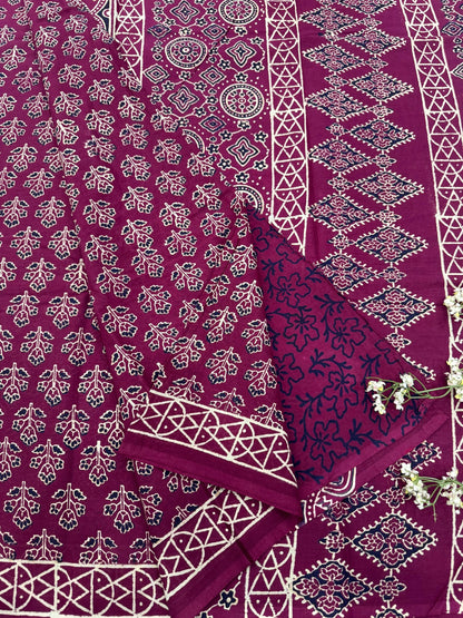 Wine Floral Cotton Saree – Premium Handblock Printed Wholesale Saree for Retailers