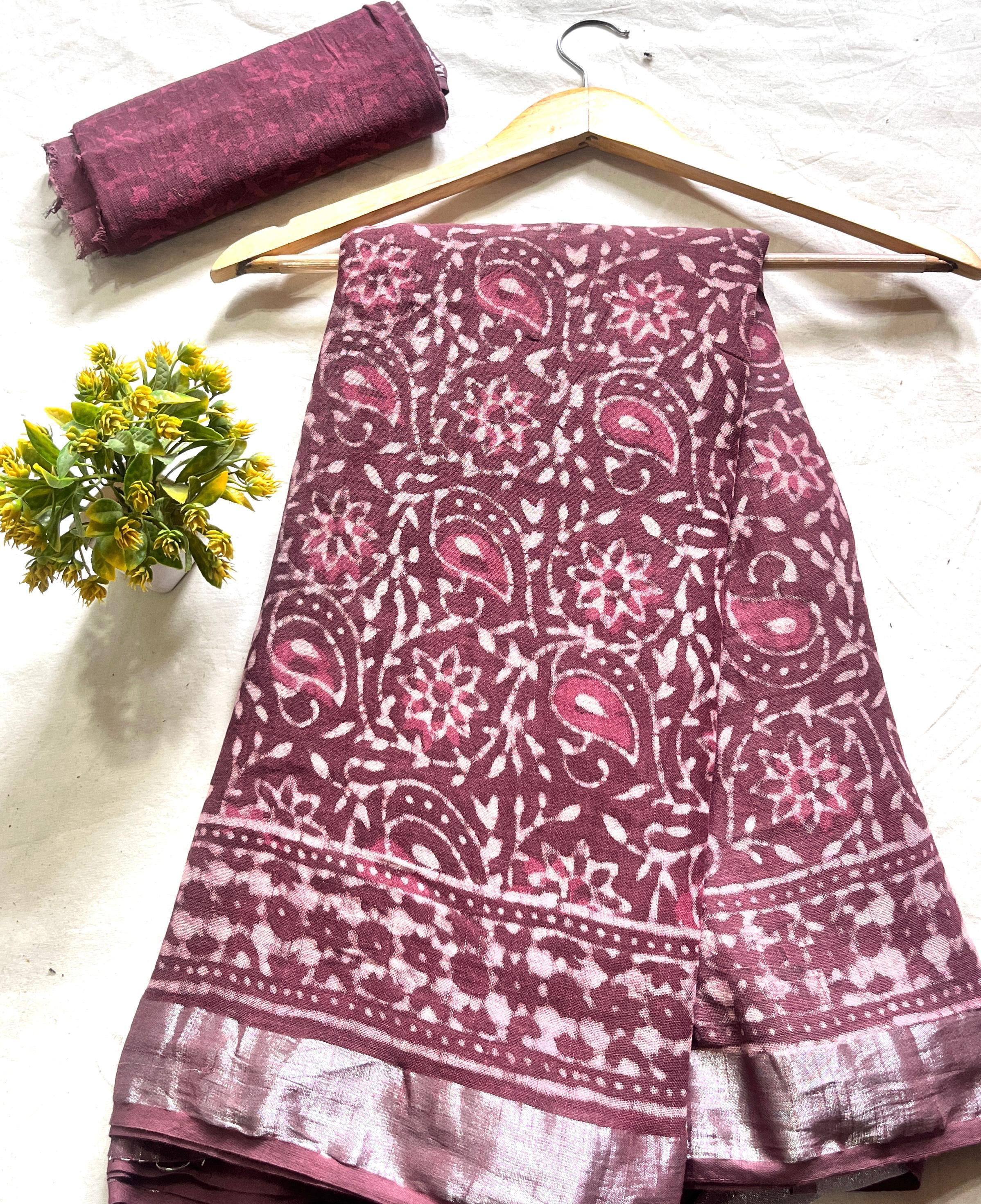 Wine Floral Jaal Saree – Premium cotton linen handblock saree wholesale for retailers, boutiques, and designers