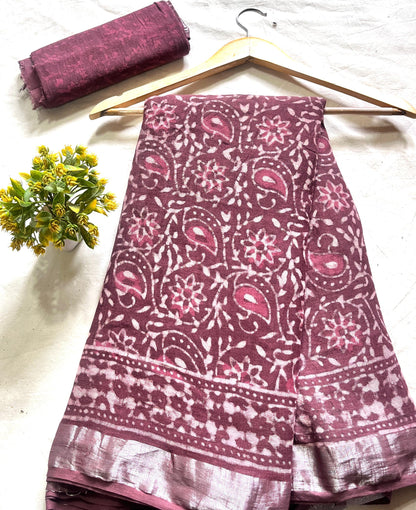 Wine Floral Jaal Saree – Premium cotton linen handblock saree wholesale for retailers, boutiques, and designers