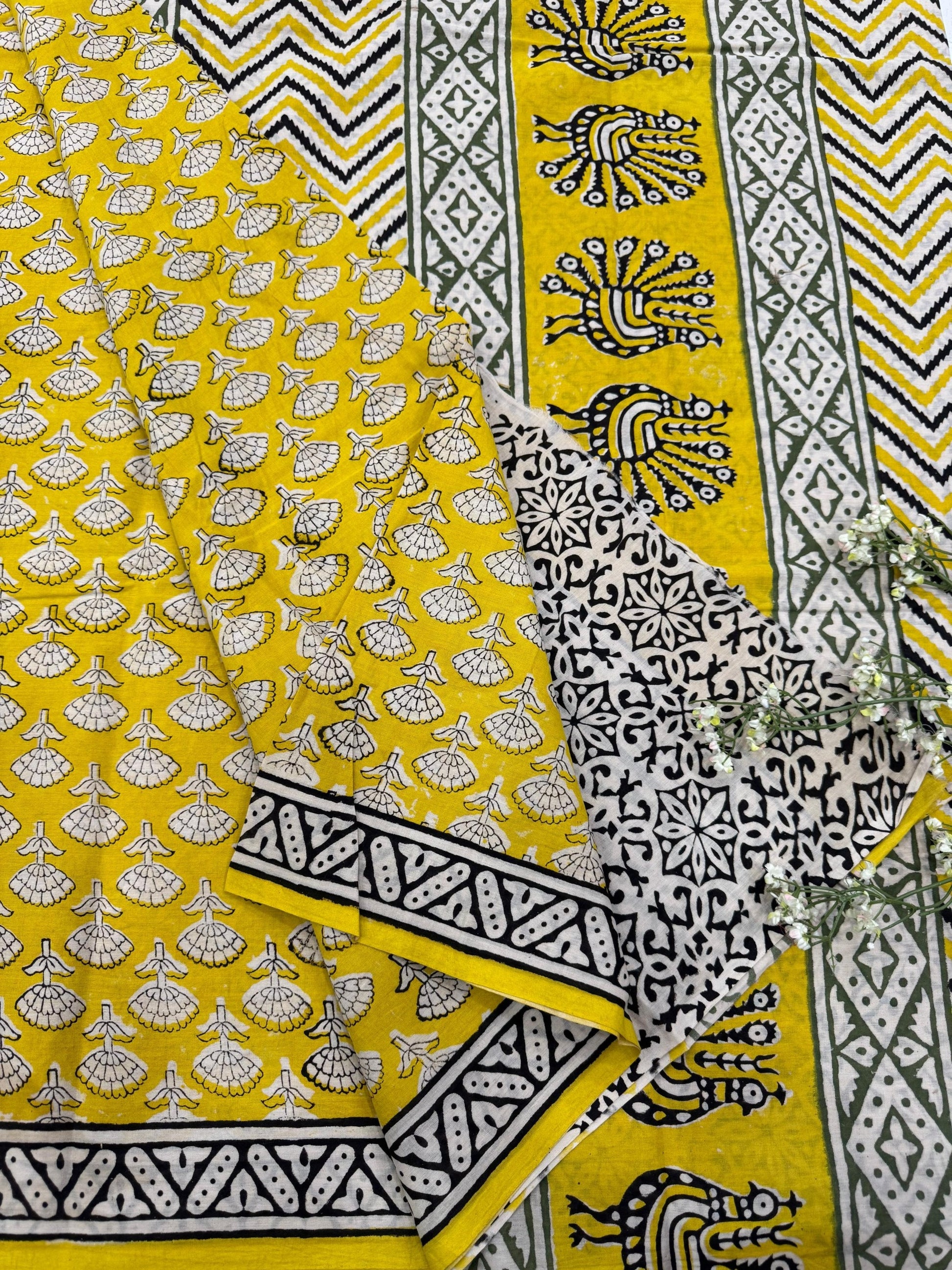 Yellow Floral Butti Cotton Saree – Premium Handblock Printed Wholesale Saree for Retailers