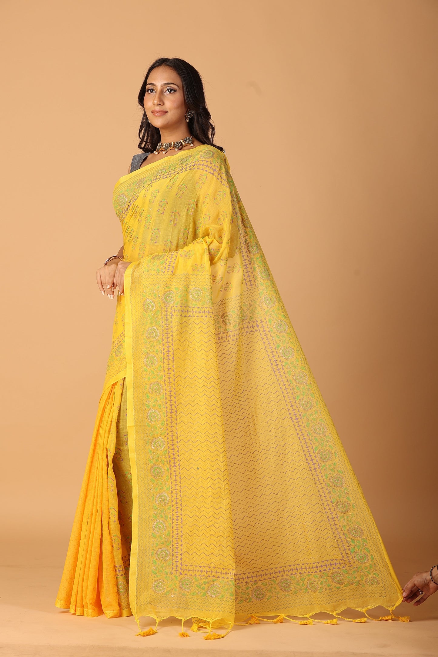 Yellow Floral Jaal Cotton Mul Handblock Gold Printed Saree – Traditional gold print saree wholesale for retailers and designers
