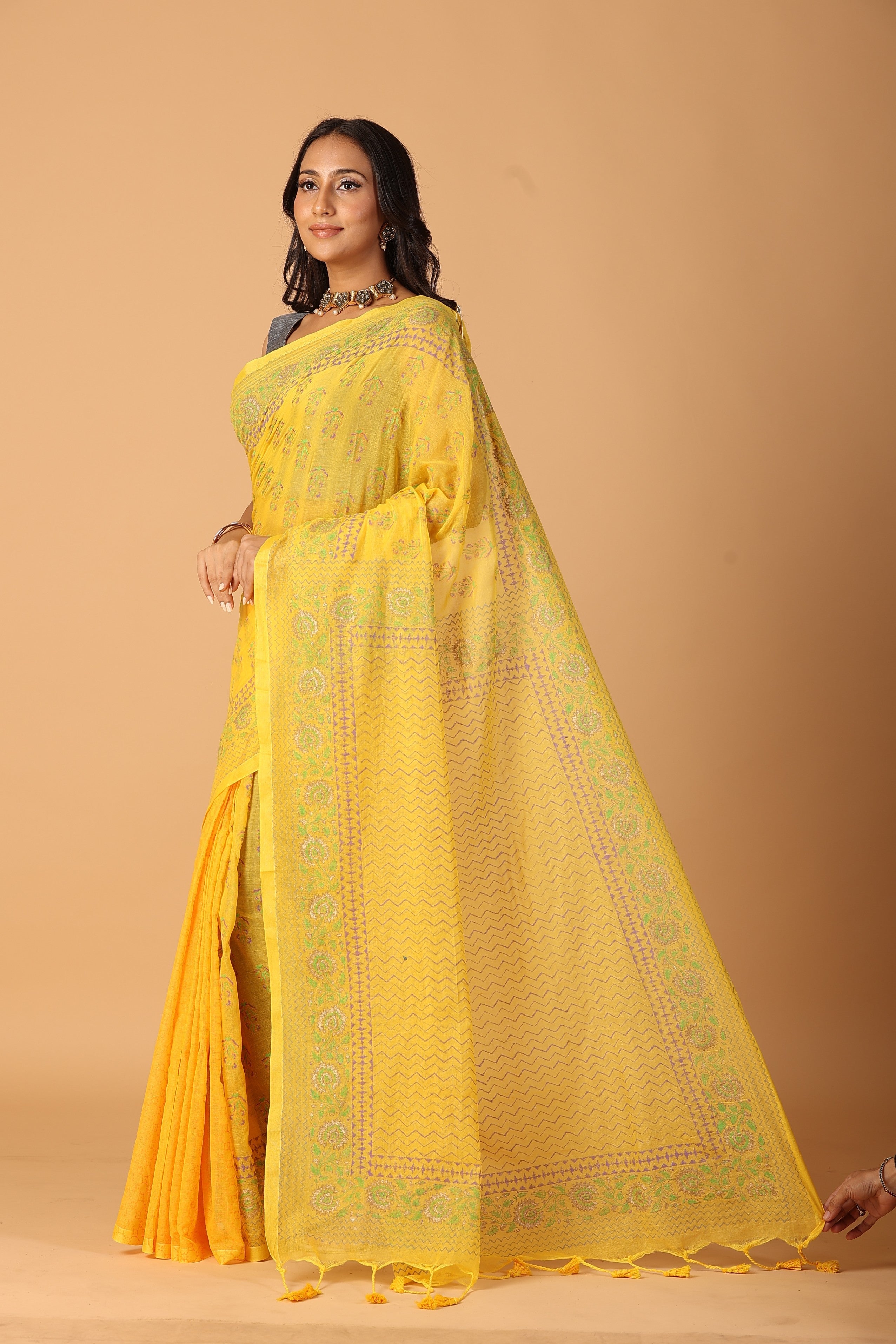 Yellow Floral Jaal Cotton Mul Handblock Gold Printed Saree – Traditional gold print saree wholesale for retailers and designers