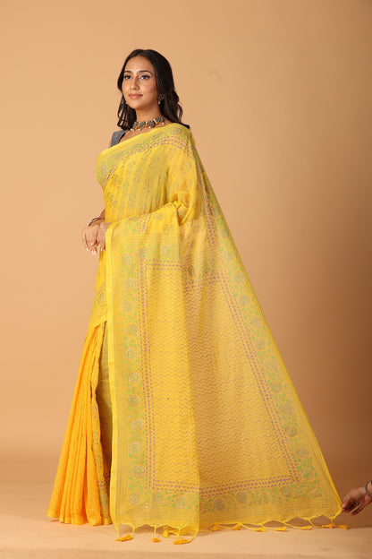Yellow Floral Jaal Cotton Mul Handblock Gold Printed Saree – Traditional gold print saree wholesale for retailers and designers