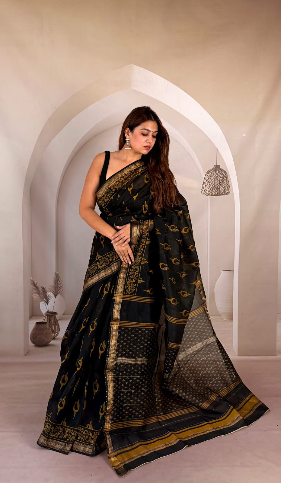 Yellow Maheshwari Silk Handblock Printed Saree with Floral Jaal – Wholesale Designer Silk Saree