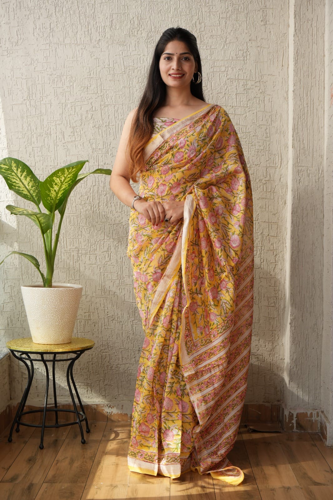 Yellow Maheshwari Silk Handblock Printed Saree with Floral Jaal – Wholesale Designer Silk Saree