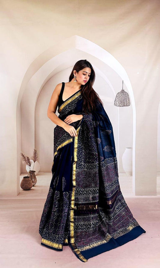 Yellow Maheshwari Silk Handblock Printed Saree with Floral Design – Wholesale Silk Saree from Indian Manufacturers