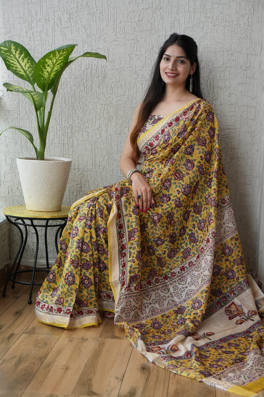 Yellow Maheshwari Silk Handblock Printed Saree with Floral Design – Wholesale Silk Saree from Indian Manufacturers