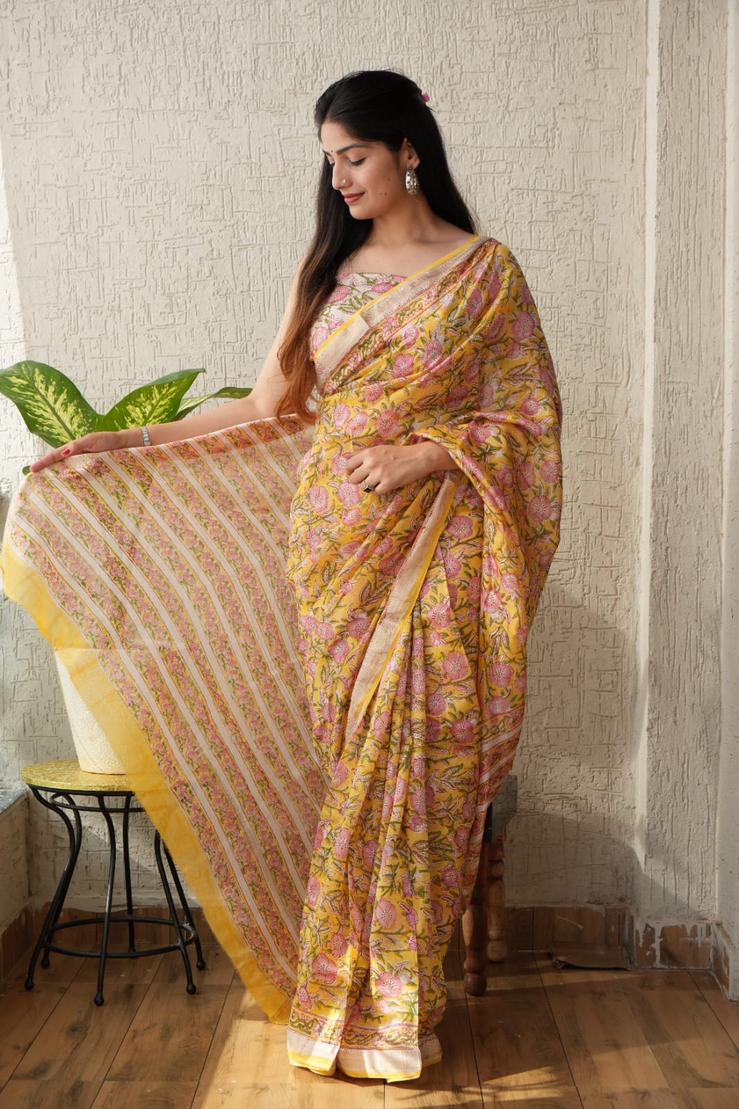 Yellow Maheshwari Silk Handblock Printed Saree with Floral Jaal – Wholesale Designer Silk Saree