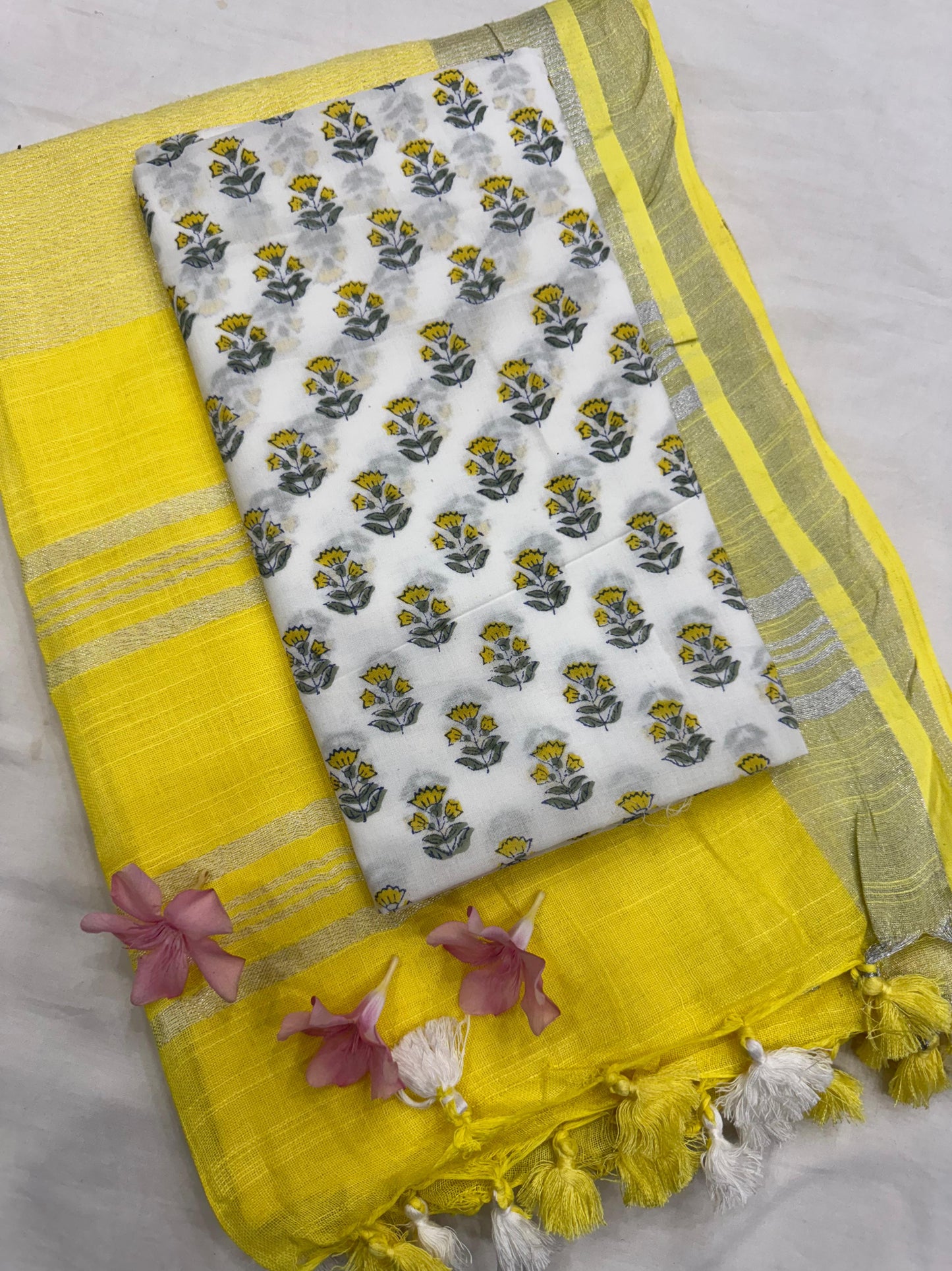 Yellow Saree with White Small Floral Butti Blouse Fabric – Designer handcrafted wholesale saree for boutiques, retailers, and designers
