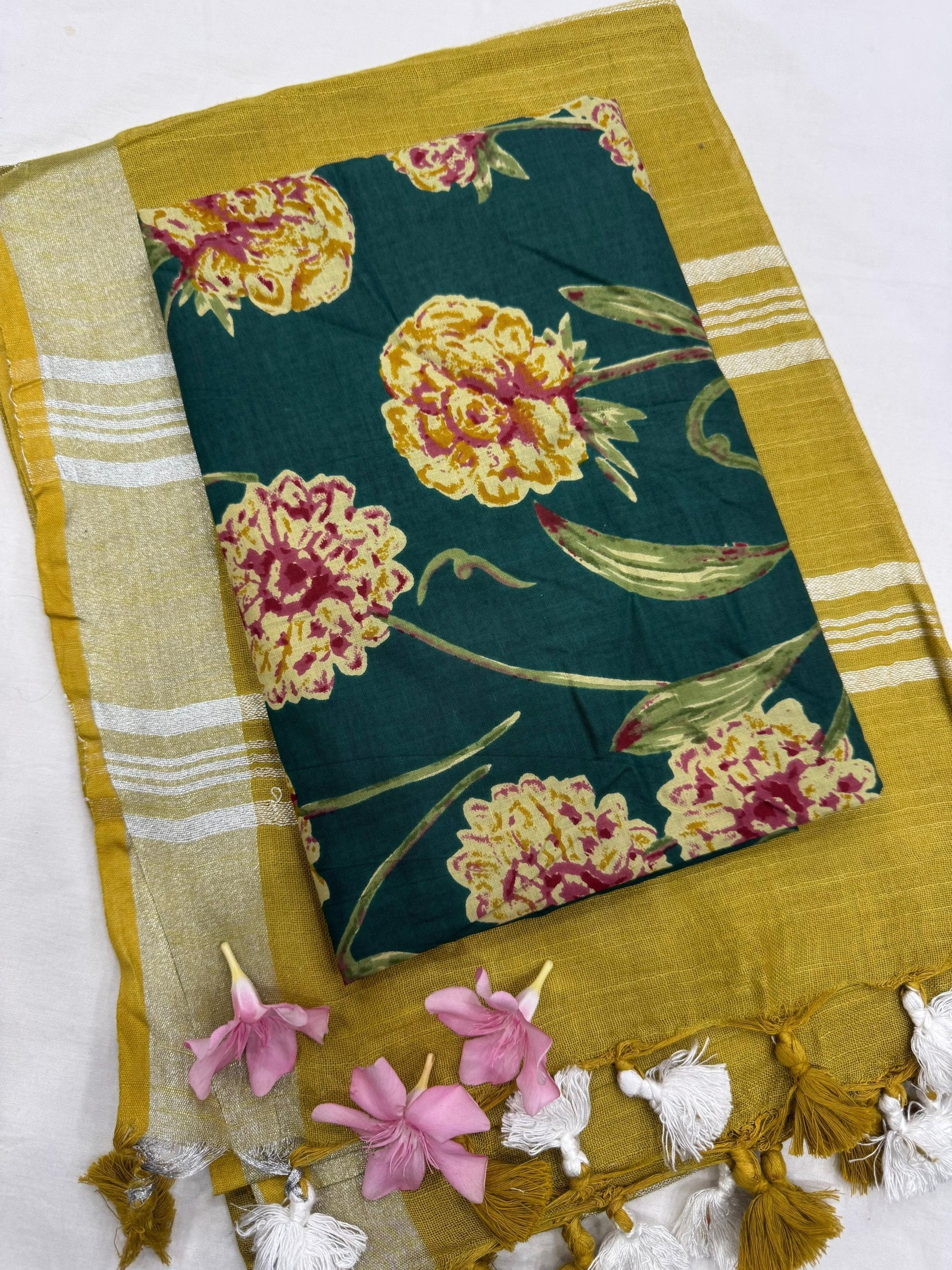 Yellowish Saree with Bottle Green Floral Jaal Blouse Fabric – Designer handcrafted Cotton Mul Handblock Saree wholesale