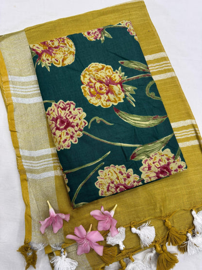 Yellowish Saree with Bottle Green Floral Jaal Blouse Fabric – Designer handcrafted Cotton Mul Handblock Saree wholesale