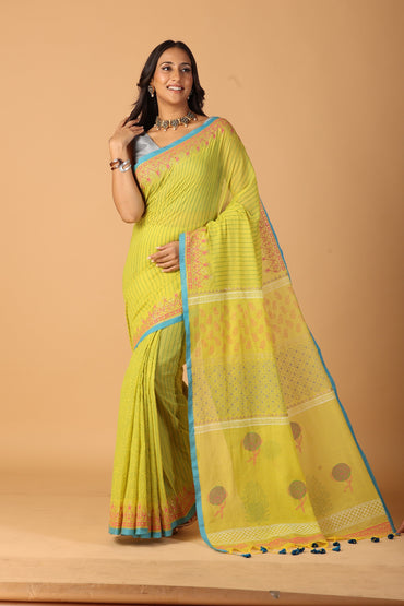 Yellowish Jaal Cotton Mul Handblock Gold Printed Saree – Traditional Rajasthan block printed saree for wholesale buyers and designers